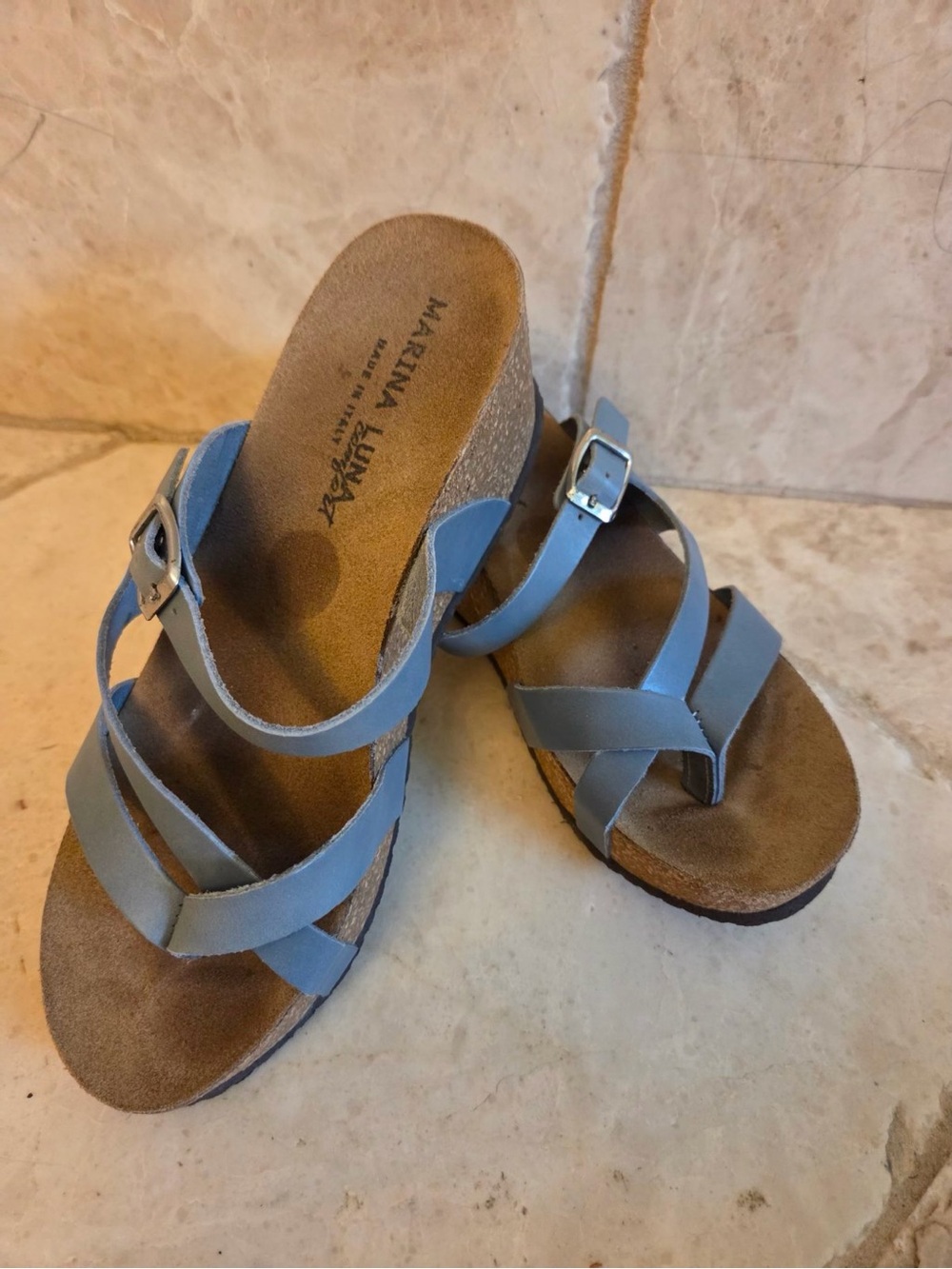 Marina Luna Light Blue Crisscross Cork Wedge Sandals